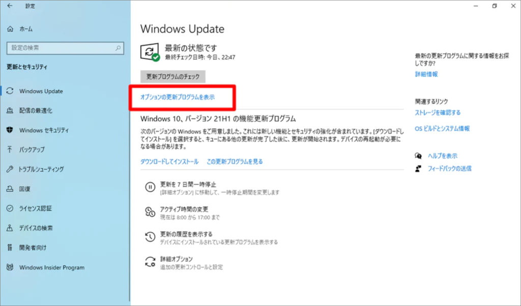 windows update-オプションの更新プログラムを表示