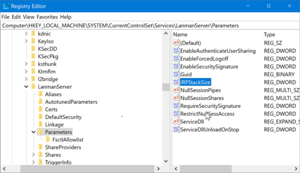 registry editor-IRPStackSize