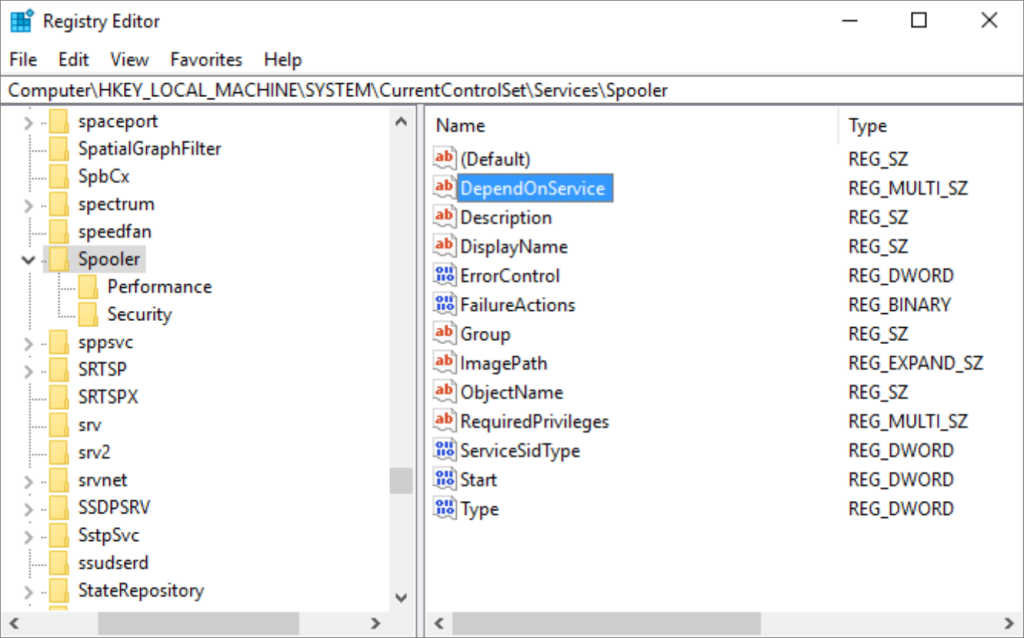 registry editor-spooler-DependOnService