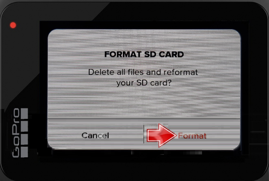 GoProの設定→オプション→リセット→SDカードをフォーマット→フォーマット