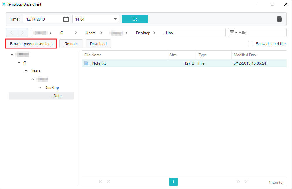 Synology Drive Client2 で以前のバージョンのファイルをダウンロードまたは復元する - 以前のバージョンを参照する - 復元