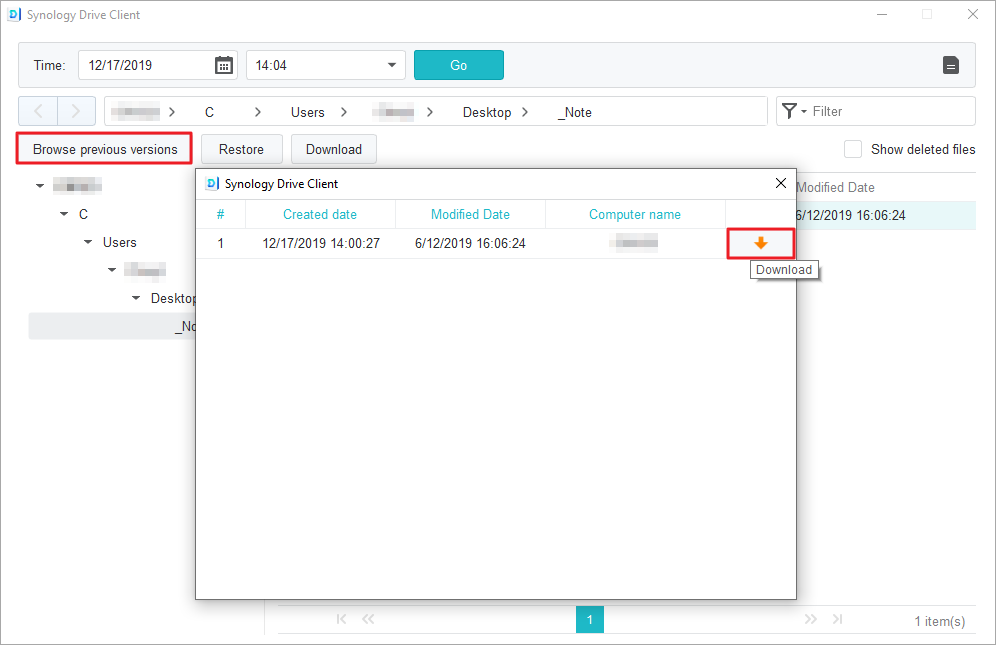 Synology Drive Client3 で以前のバージョンのファイルをダウンロードまたは復元する - 以前のバージョンを参照する - 復元 - ダウンロード