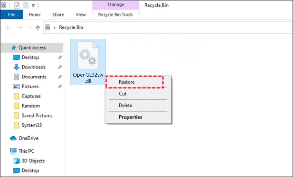 recycle bin-openGL32sw.dll-restore