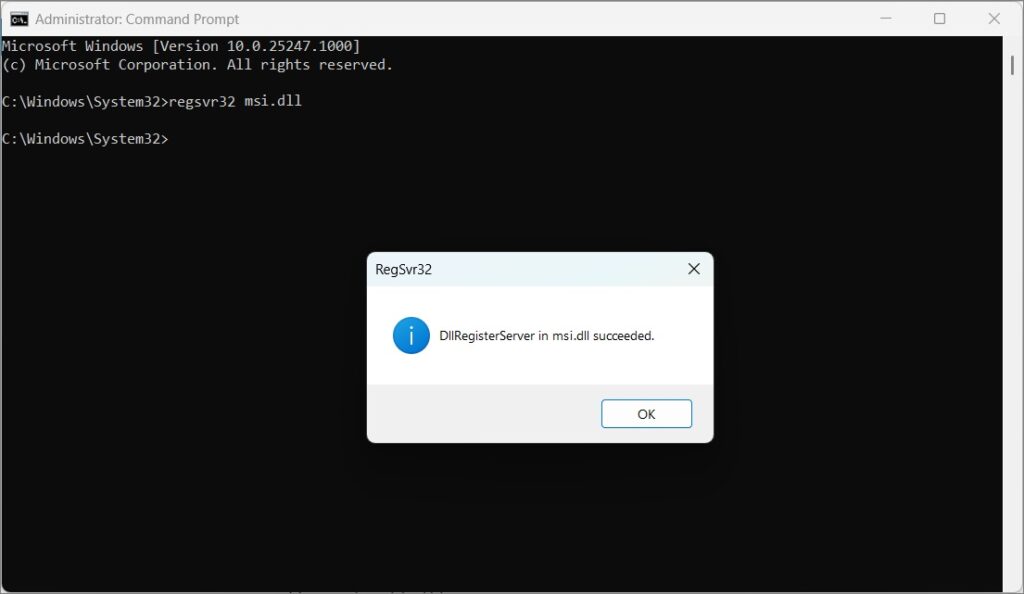 regsvr32 msi.dll