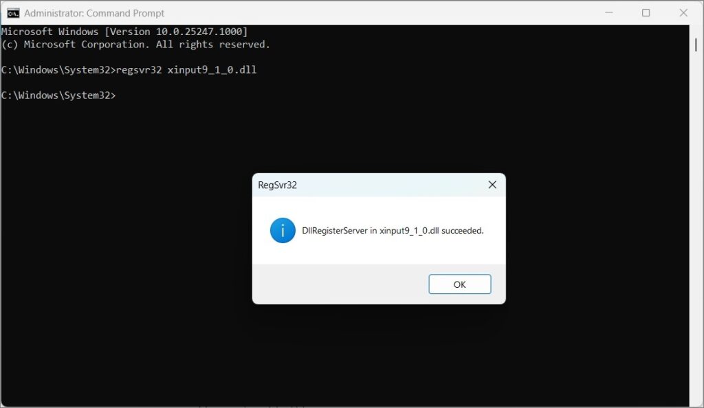 regsvr32 xinput9_1_0.dll