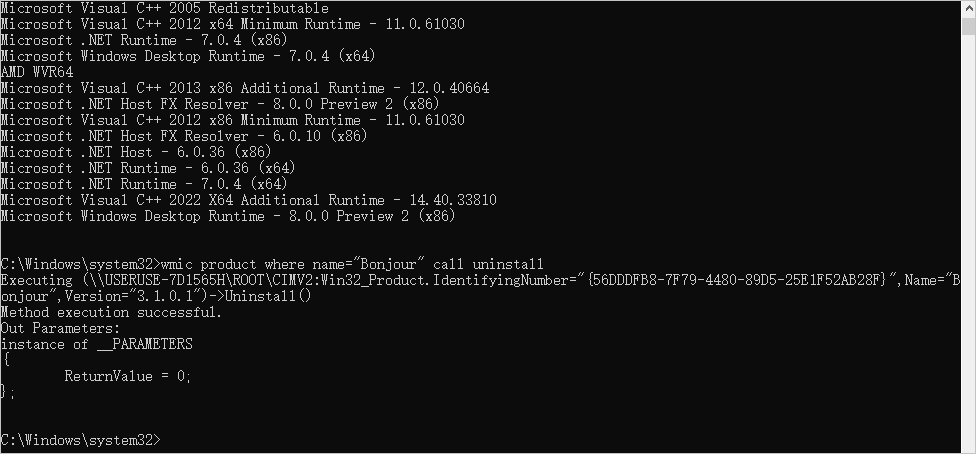 cmd-wmic product where name