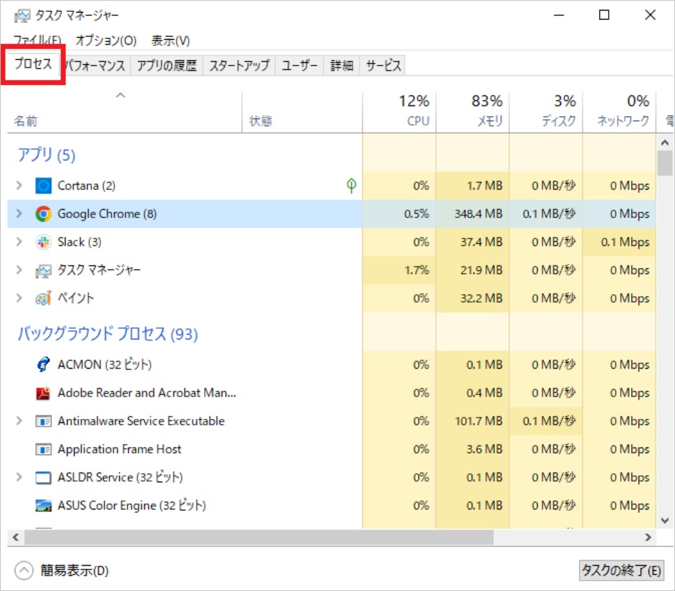 タスクマネージャー- プロセッサー