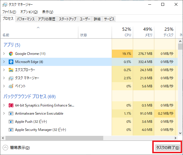 タスクマネージャー - タスクの終了