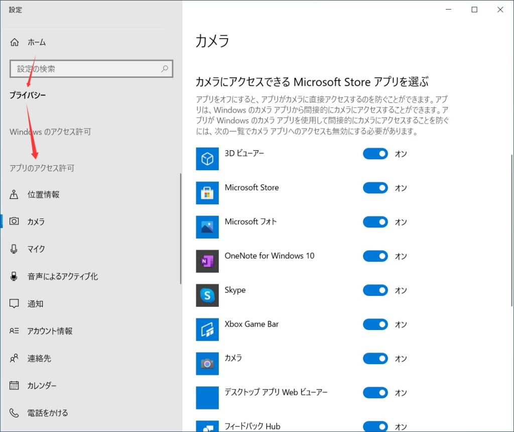 Windowsの設定 - プライバシー - アプリケーションとアクセス許可