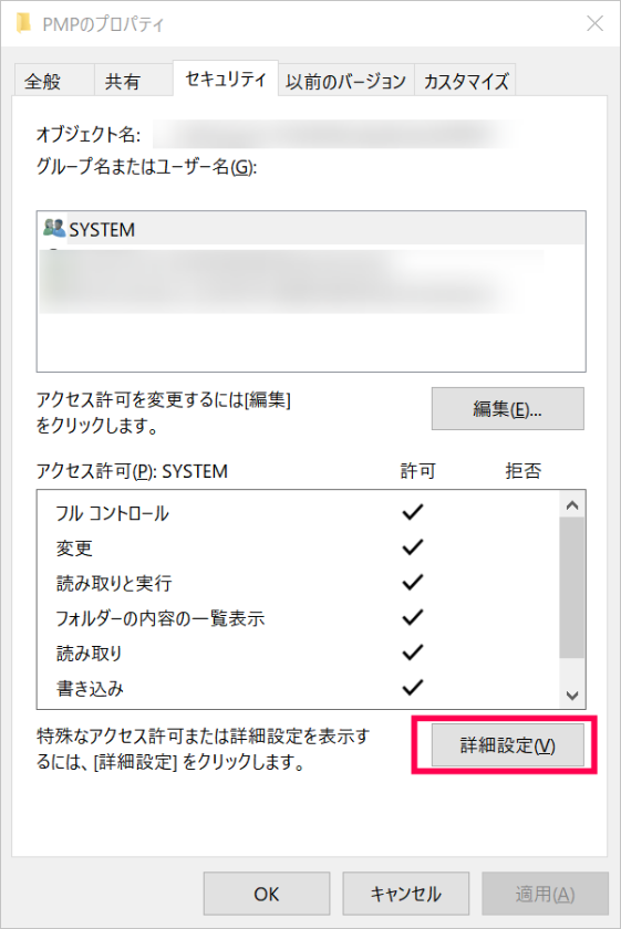 プロパティ-セキュリティ-詳細設定